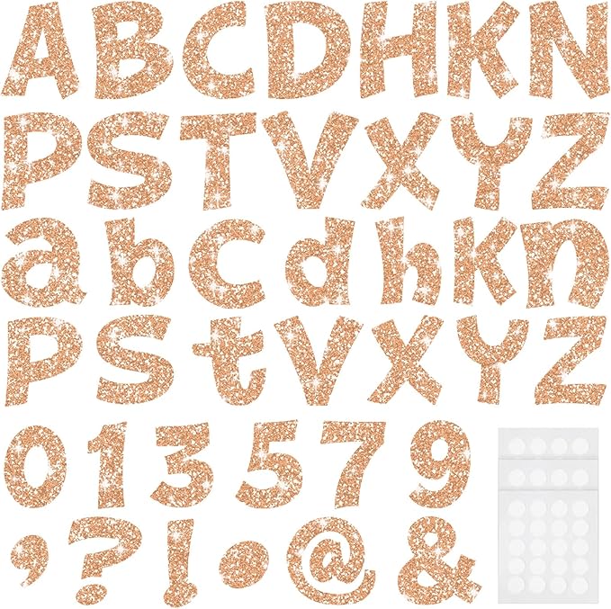 Colarr 216 Pcs Glitter Bulletin Board Letters for Classroom Number Alphabet Punctuation Symbol Cutout 4'' Die-Cut Poster Letter with Adhesive Dot School Party Holiday Decor Display(Champagne)