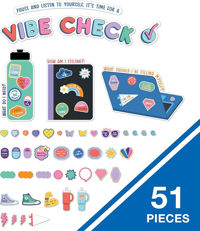 Carson Dellosa Education We Stick Together 51-Piece Vibe Check Bulletin Board Set, Colorful Laptop, Water Bottle, Notebook & Sticker Accents for Bulletin Board, White Board & Colorful Classroom Décor