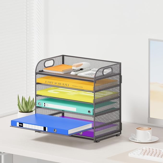 Cawukege 6 Tier Paper Organizer, Grey Letter Tray with Handle, Mesh Desk Organizer, Metal File Organizer, Office Desk Accessories for Home, Office, Classroom, School
