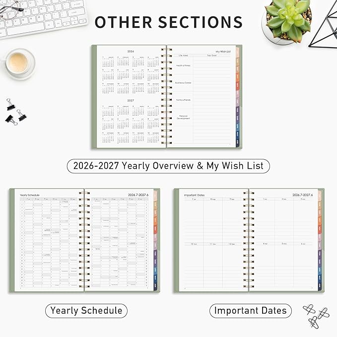 RETTACY Academic Planner 2026-2027, Weekly and Monthly, July 2026 - June 2027, Medium Size (5.7" x 8.3"), Calendar, Agenda, 12-Month Tabs, for Student, Teacher, School (Light Green)
