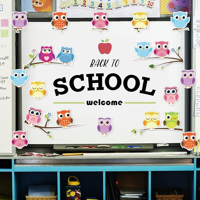 AnyDesign 54 Pcs Back to School Cutouts with 120 Pcs Glue Points Colorful Owls Cut-Outs Name Tags Labels Bulletin Board Decoration for Classroom Kindergarten First Day of School Decorations