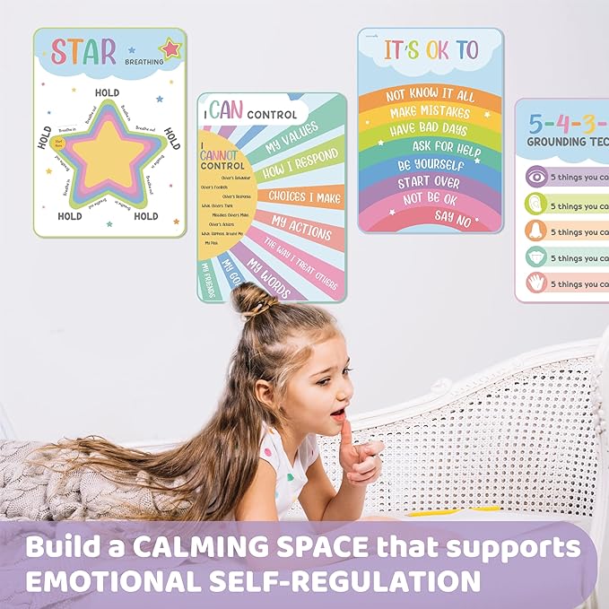jackinthebox 12 Calming Corner Posters with Gold Foil Embedded Stars - 12 x 17 inches Laminated Classroom Decor Posters, Calm Down Corner Supplies, Emotions Charts for Kids