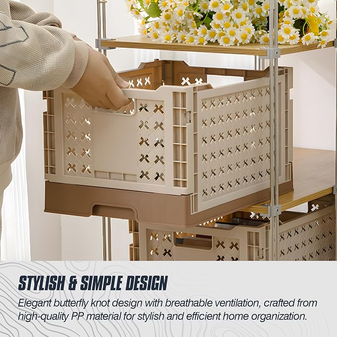 Domiella 2-Pack Foldable High-Strength PP Ventilated Baskets - Collapsible Storage Bins for Kitchen, Camping, Office & Home, Wear Resist Indoor Outdoor Organizer, Small White & Brown