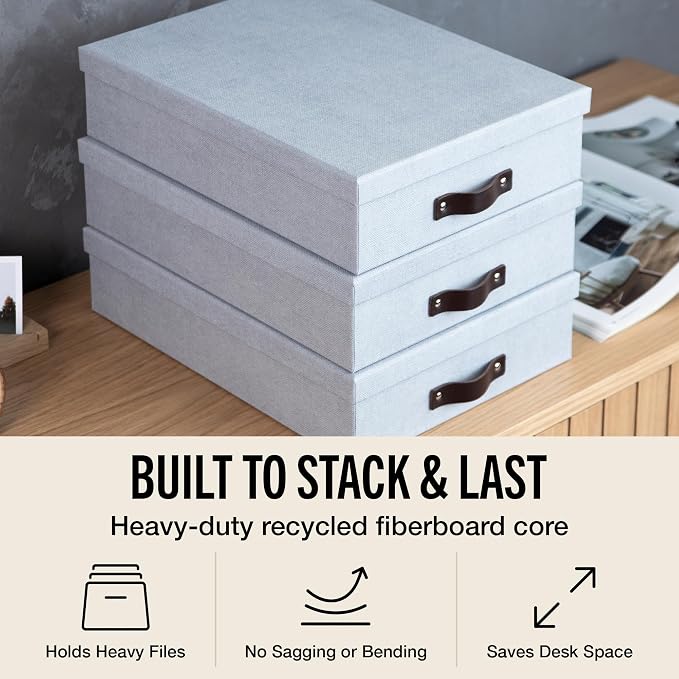 Bigso Oskar Canvas Fiberboard Document Letter Box | File Organizer Document Box for Important Paperwork | Document Storage Box with a Lid & Leather Handle | 3.3″x10.2″x13.8″ | 3 Pack | Ash