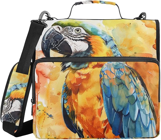 ALAZA Watercolor Parrot Portrait 3 Ring School Zipper Binder Bag Expanding File Folder Case Briefcase with Shoulder Strap