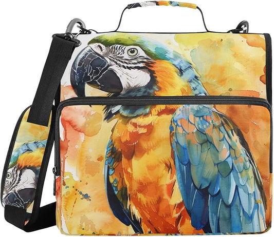 ALAZA Watercolor Parrot Portrait 3 Ring School Zipper Binder Bag Expanding File Folder Case Briefcase with Shoulder Strap