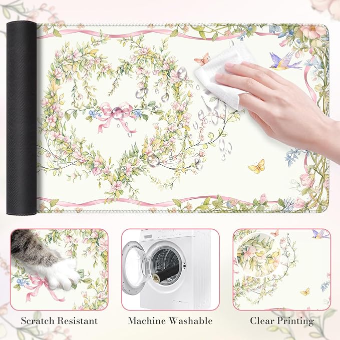HAOCOO Floral Bow Desk Mat, Cute Keyboard Mat for Desk, XXL Mouse Pad with Non-Slip Base, Waterproof Computer Mat for Office Decor & Accessories, Girly Desk Organizers for Home