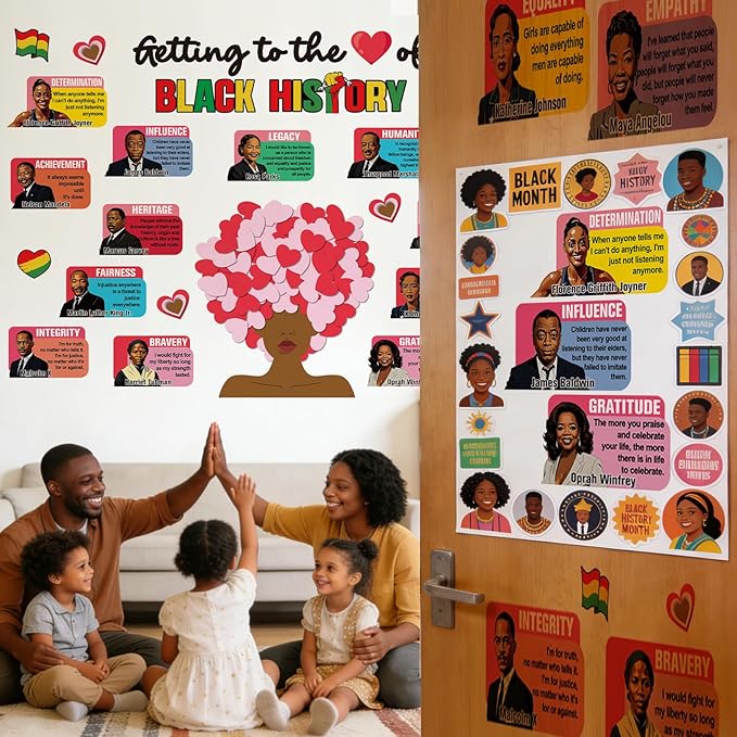 Black History Month Bulletin Board Decoration Valentine's Day Bulletin Board Set African American Cutouts Decorations February Heart Craft Cutouts for School Classroom Office Door Wall Decor Supplies
