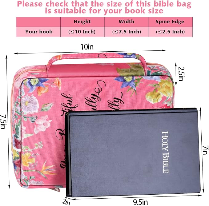 Laumoi Bible Cover Case for Women 10'' Flower Bible Holder Case Large Religious Carrying Bag for Women Study Christian Book Gift (Pink Flower)