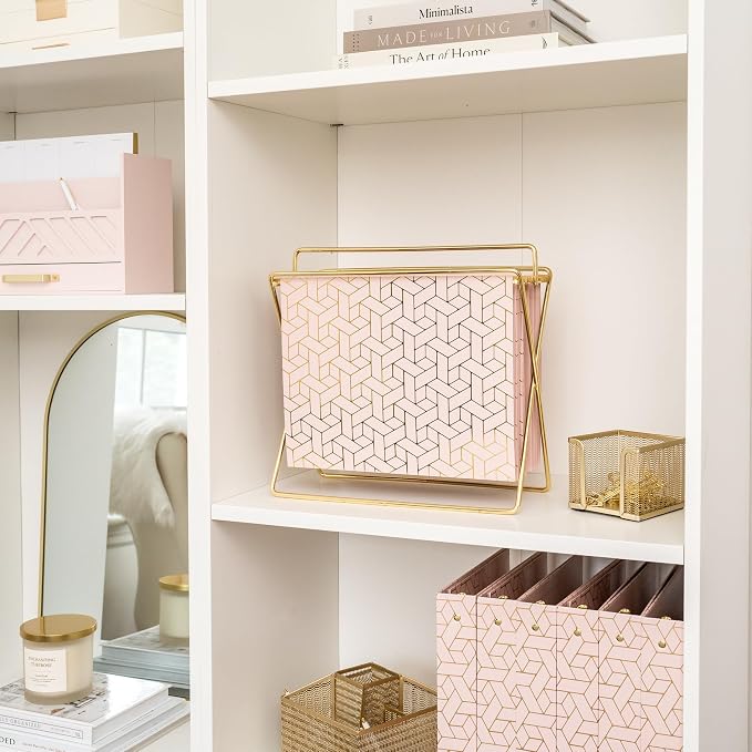 BLU MONACO 12 Pack Decorative Hanging File Folders | Letter Size with Adjustable Tabs | Pink Filing Folders with Gold Foil Design | Cute Hanging Folder Set for Office or Filing Cabinet