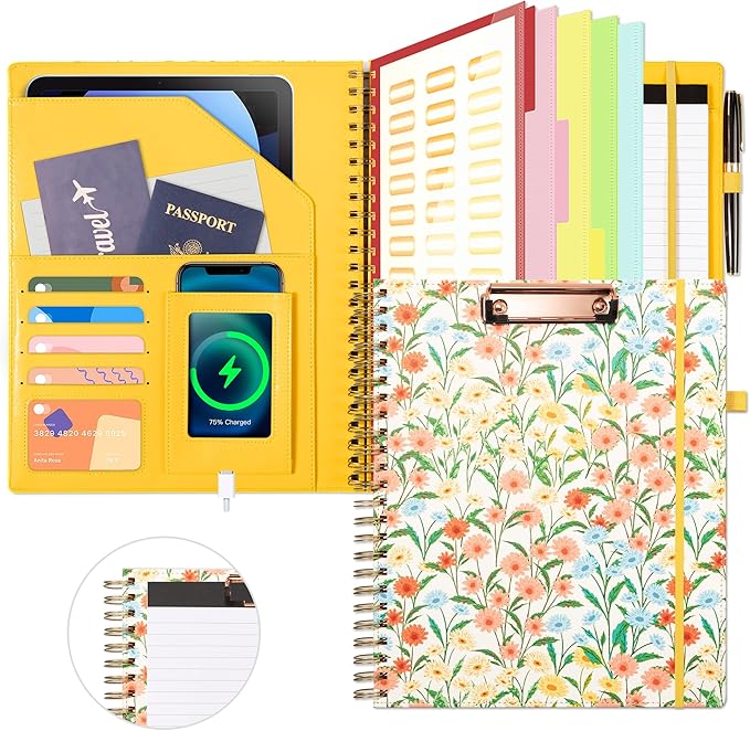 Ospelelf Clipboard with Storage for Men Women, Leather Padfolio Portfolio Organizer 5 Folders with 10 Pockets, Spiral Clipboard Folio with Notepad for Letter Size, Elastic Closure and Pen Loop Floral
