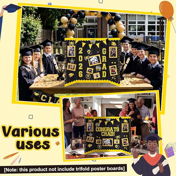 31 Pcs Graduation Photo Poster Board Decor Set Include 28 Sheets Graduation Themed Stickers 2 Rolls Picture Frame Tape 1 PC Banner for 2026 Grad Party College Board Photo Frame Decor(Glod)
