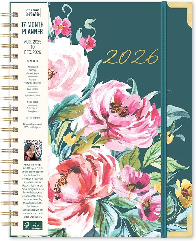 Orange Circle Studio 2026 Planner, Bella Flora, 11.1" x 9.6", Deluxe Extra Large Spiral, August 2025 to December 2026, Weekly & Monthly Notebook, For School or Work, Appointment & Budget & Goal Tracker