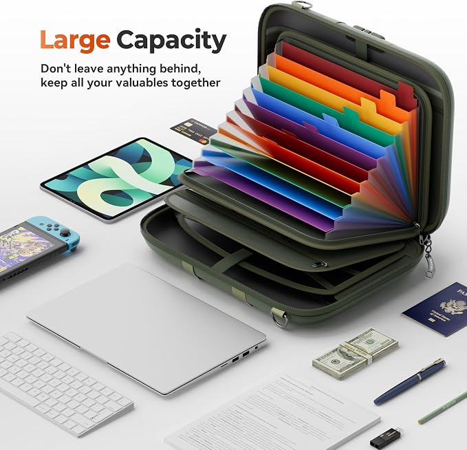Nacial Fireproof Document Box with Lock & Shoulder Strap, Hard-Shell Fireproof File Organizer with 13 Pocket Accordion File Folder, Portable Safe Storage for Important Documents, Laptop, Green