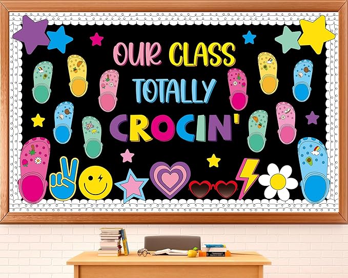 Summer Bulletin Board Decoration Summer Classroom Bulletin Board Set Our Class Totally Crocin' Retro Colorful Shoe Charms Paper Cutouts for Back to School Supplies Classroom Chalkboard Wall Door Decor