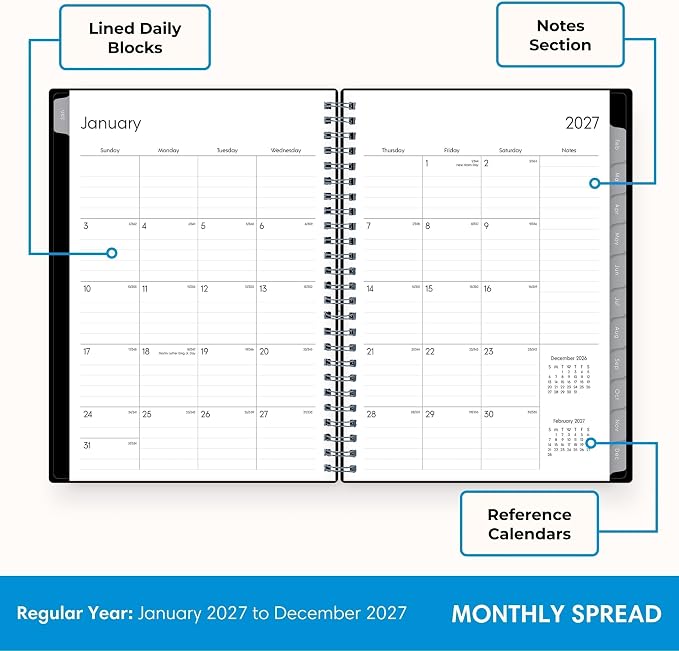 Blue Sky 2027 Weekly and Monthly Planner Calendar Notes, Includes January 2027 - December 2027, 5.875" x 8.625", Flexible Cover, Wirebound, 30 Extra Notes Sheets, Laminated Tabs, Enterprise