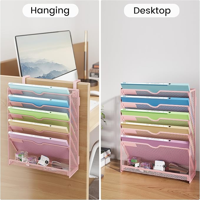 Pink Desk Organizer, Hanging Wall File Organizer with 6 Tiers, Metal Mesh Magazine & Mail Holder for Office Desk, Wall Mount Document Organizer for Home Decor