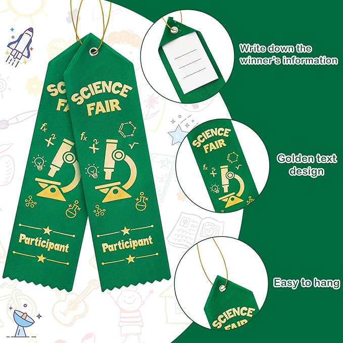 Taiyin 25 Pcs Science Fair Participant Award Ribbons with Event Card String Green Participation Prize Ribbons for Science Fair Competition Event School Team