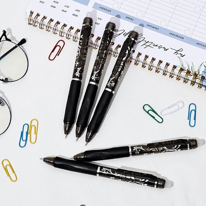 6 Pcs Retractable Erasable Pens, Colored Gel Black Ink Pens Clicker with Erasers, 0.5mm Fine Point Smooth Writing Pen for Journaling Note-Taking Crossword Puzzles Supplies (Black)