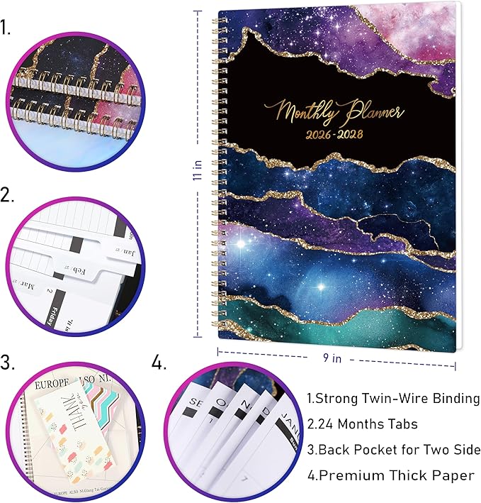 Monthly Planner 2026-2028 - 2 Year Planner 2026-2028, Jul.2026 - Jun.2028, 9" x 11", 2026-2028 Monthly Calendar, Calendar Planners with Inner Pocket, Twin-wire Binding, Tabs - Star