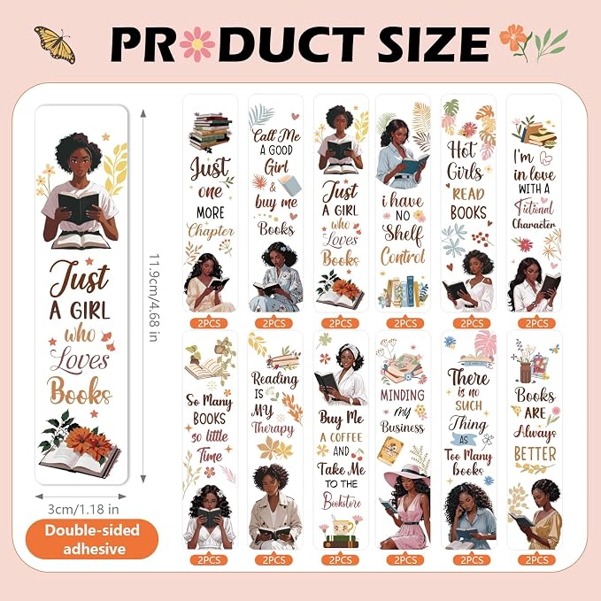 24 Sheets UV DTF Bookmark Wraps, Black Girl Aesthetic UV DTF Stickers for Blank Bookmark, Motivational Saying Transfer Sticker Decal DIY Acrylic Bookmarks Decoration Gift for Book Lovers