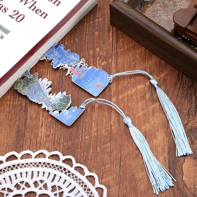 2 Metal Bookmarks with Tassel, Oil Painting Woman with a Parasol and Impression Sunrise