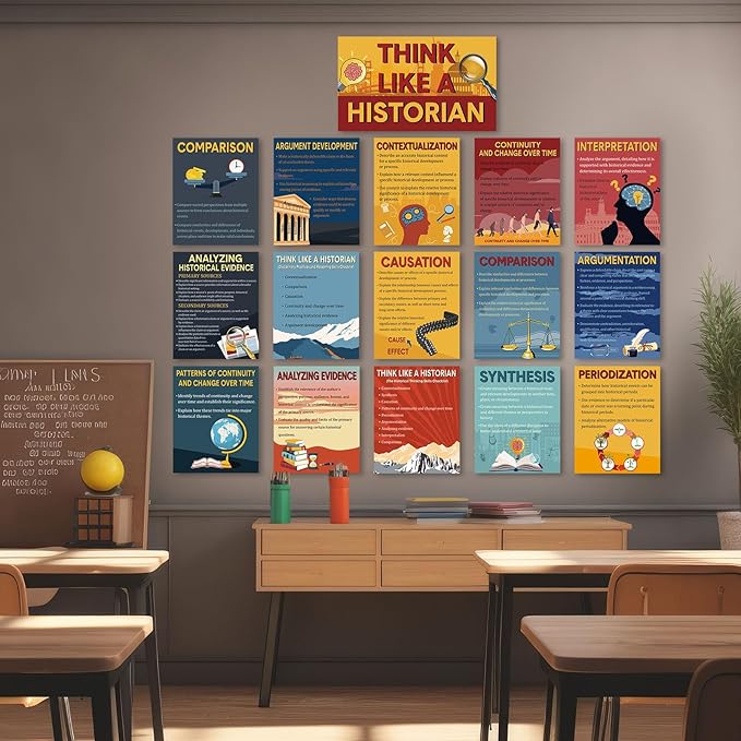Pajean 16 Pcs Think Like a Historian Posters Social Studies Classroom Decorations Thinking Posters Bulletin Board Set for Middle High School Office Home Classroom Supplies
