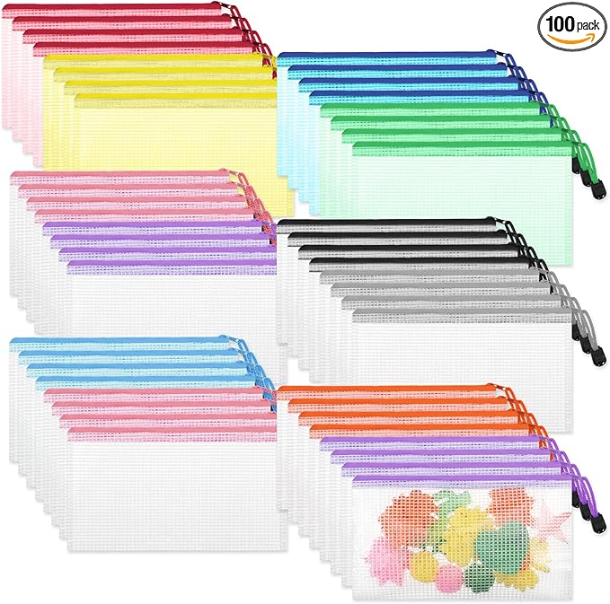 100 Pcs Mesh Zipper Pouch Bulk, 8.5 x 4.5 Inch Clear Plastic Pencil Pouches Small Waterproof Pencil Case Pouch for Stationary, Cosmetics, Bill, Envelopes Storage (10 Colors)
