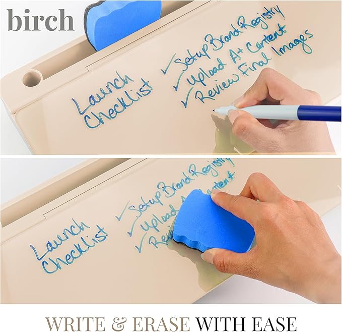 Birch Small Desktop Whiteboard – Glass Dry Erase Board Desk Pad Keyboard Stand with Storage Compartment Adjustable Dividers 3 Markers, Eraser & Holder – Perfect for Office, Home, & School (Sand)