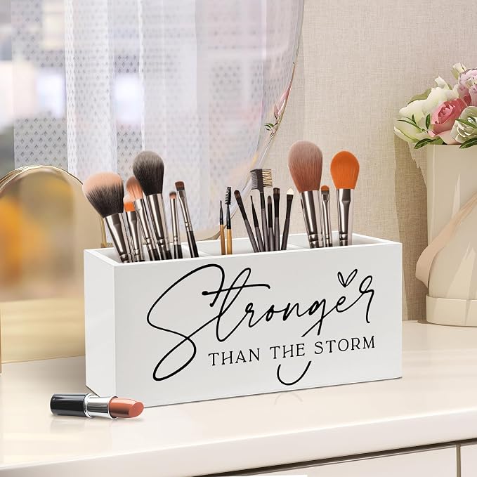 Inspirational Pen Holder, Motivational Office Pen Pencil Holder Organizer for Desk Accessories, Stronger Than the Storm Positive Wooden Box Desk Decor for Home Office Desk Decorations