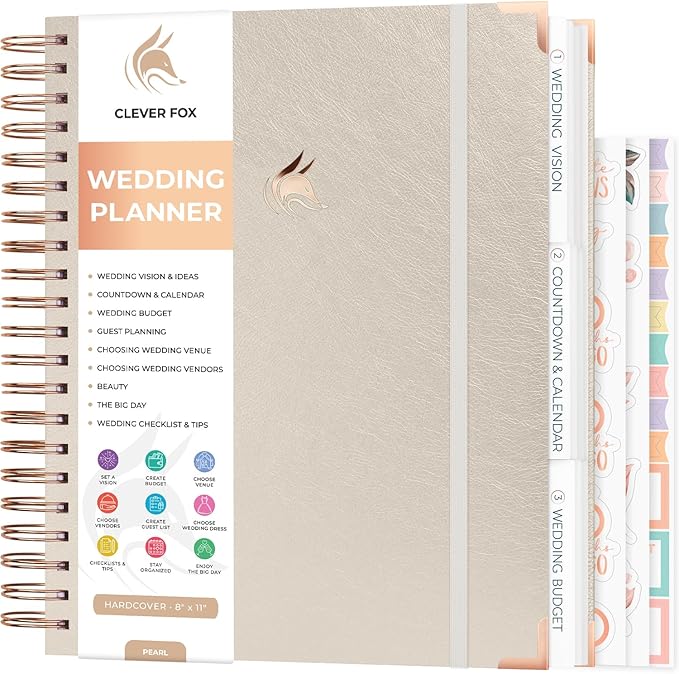Clever Fox Wedding Planner – Notebook Organizer for Bride – Wedding Planning Binder Book with Pockets – Engagements Gift, 10x11″ (Pearl)