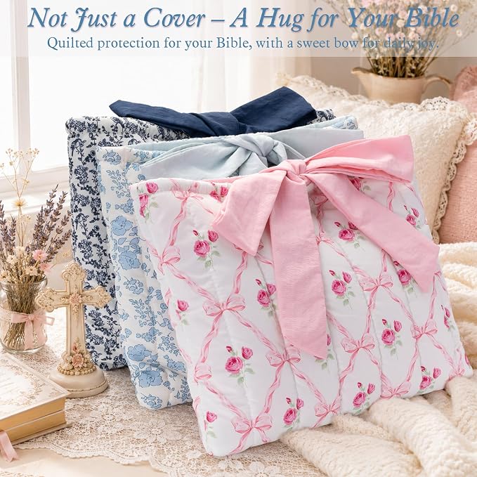 XKDOUS Quilted Cotton Bible Case for Girls and Women, Machine Washable Bible Book Cover with Large Capacity Pen Bag, Soft Cute Bible Carrying Bag with Bow Fits Most Standard Bibles, Blue Blossom