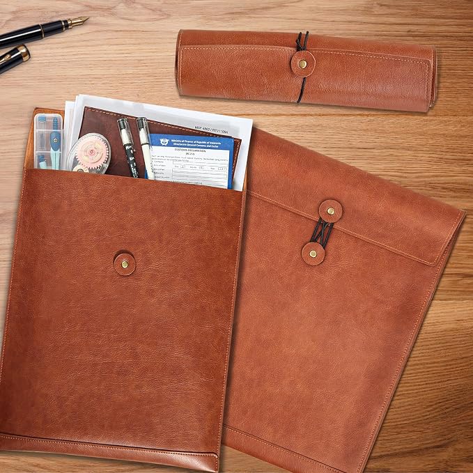 Brown PU Leather File Folder for Documents,Important Document Folder with String Tie,Laptop Sleeve Notebook Case,Leather File Organizer,A4 Envelopes Filing Folder 3PCS