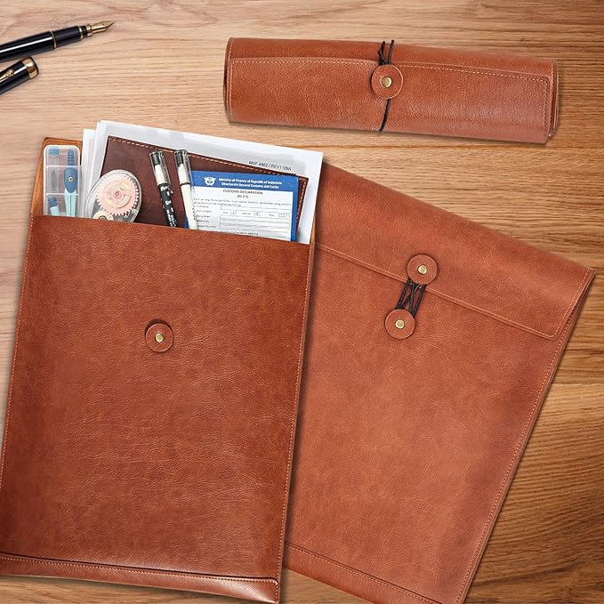 Grey PU Leather File Folder for Documents,Important Document Folder with String Tie,Laptop Sleeve Notebook Case,Leather File Organizer,A4 Envelopes Filing Folder