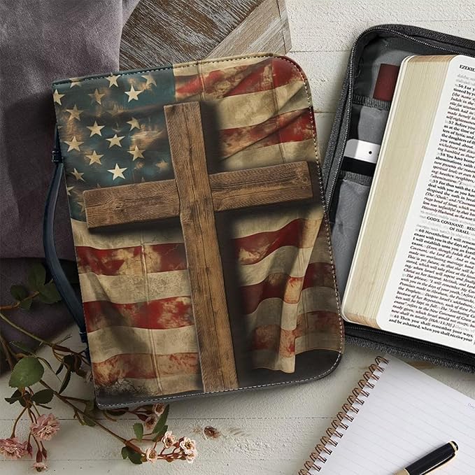 Retro American Flag Print Bible Cover Case for Women Carrying Book Case Church Bag for Biblical Carrying Book Case for Bible Accessories-Size：M