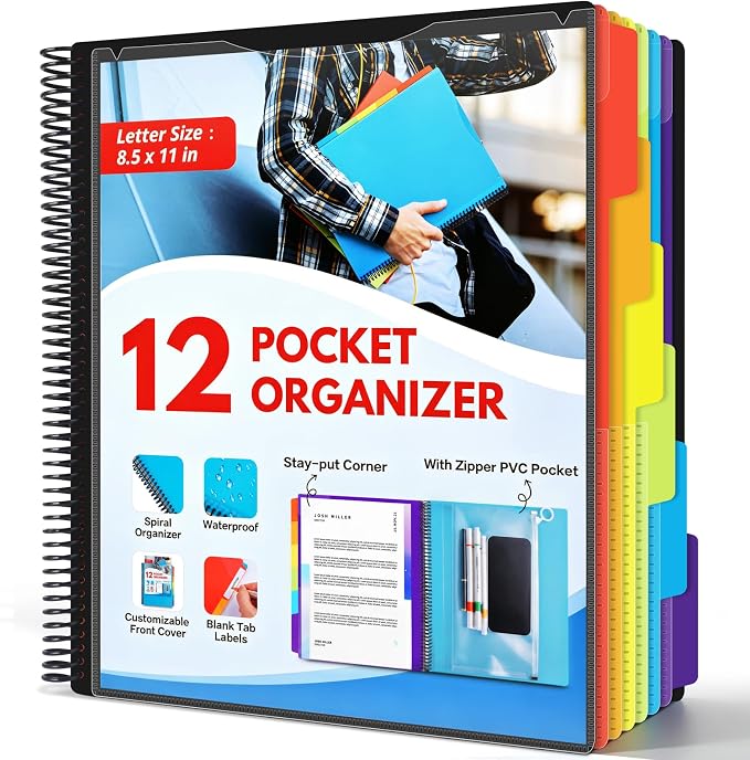12 Pocket Poly Project Organizer for School & Office, Expandable File Folder with Dividers, Durable Accordion Folder for Documents, Homework, Bills Organization (Black)