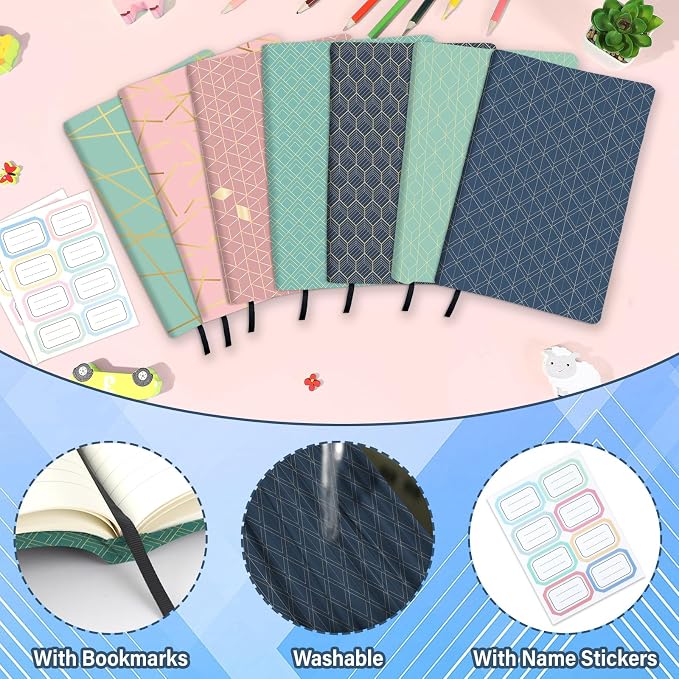 Jumbo Book Covers 7 Pack Reusable Fabric Book Cover Protective Books Covers 9 x 11 Inch Geometric Stretchable Books Sleeve Cover with Label Sticker for Most Hardcover Textbooks Up to 10 x 12.5 Inch