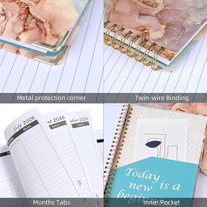 2026 Planner, Jan.2026 - Dec.2026 Weekly Monthly Planner 6.25"x8.5" with Page Tabs, Calendar Hardcover with Inner Pocket, Elastic Band,Twin-Wire Binding,Bookmark, Salmon Pink Marble