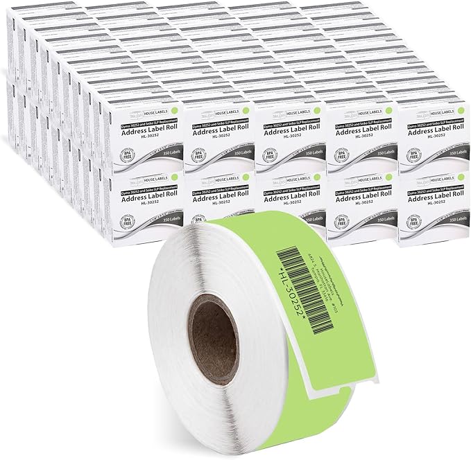 HOUSELABELS Compatible DYMO 30252 Green Address Labels (1-1/8" x 3-1/2"), Strong Permanent Adhesive, Compatible with DYMO LW 450, 4XL, Rollo & Zebra Desktop Printers, 100 Rolls /35000 Labels