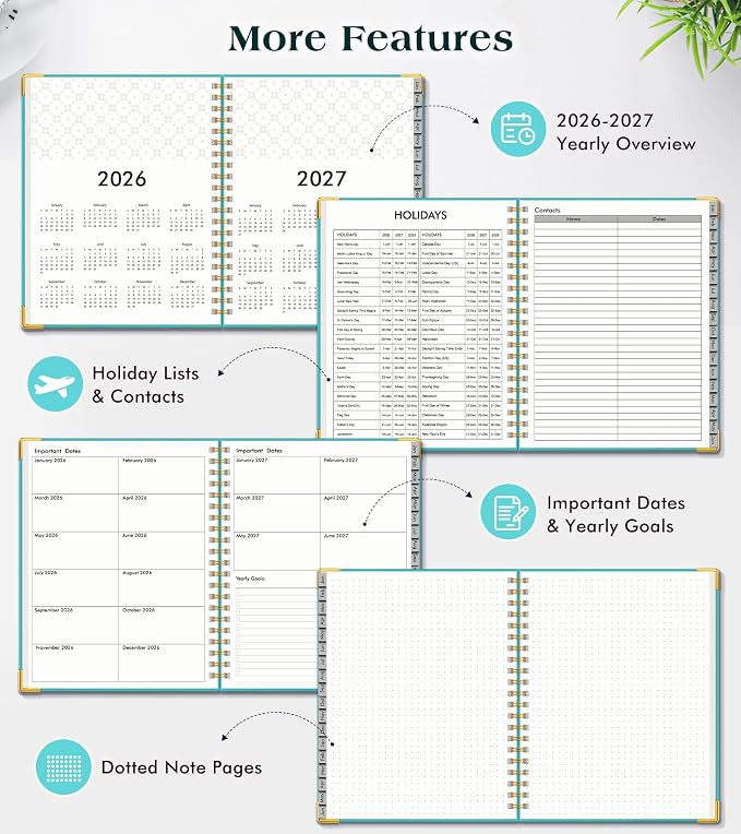 Planner 2026-2027, 18 Months Weekly and Monthly Hardcover Planner, January 2026 - June 2027, 8.5" x 11" A4 Large Daily Calendar Planner Book with Tabs, Spiral Yearly Agenda Organizer Notebook for School Work Home, Aquamarine