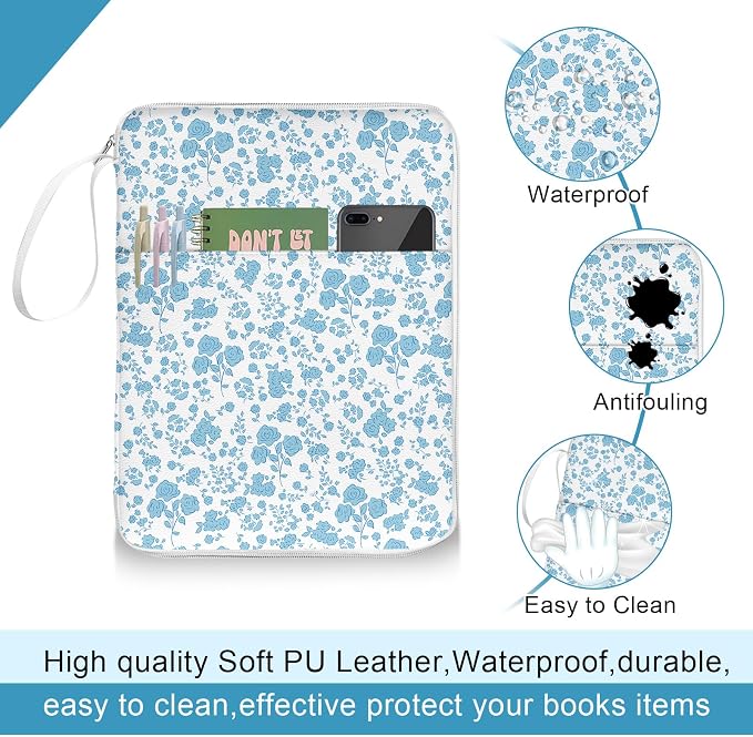 Blue Floral Bible Book Sleeve with Zipper,12"x 9" Padded Protector Washable Book Covers,Books Pouch with Handle Pockets,Travel Book Carrying Case for Books Lovers Paperback,Mother's Day Christian Gift