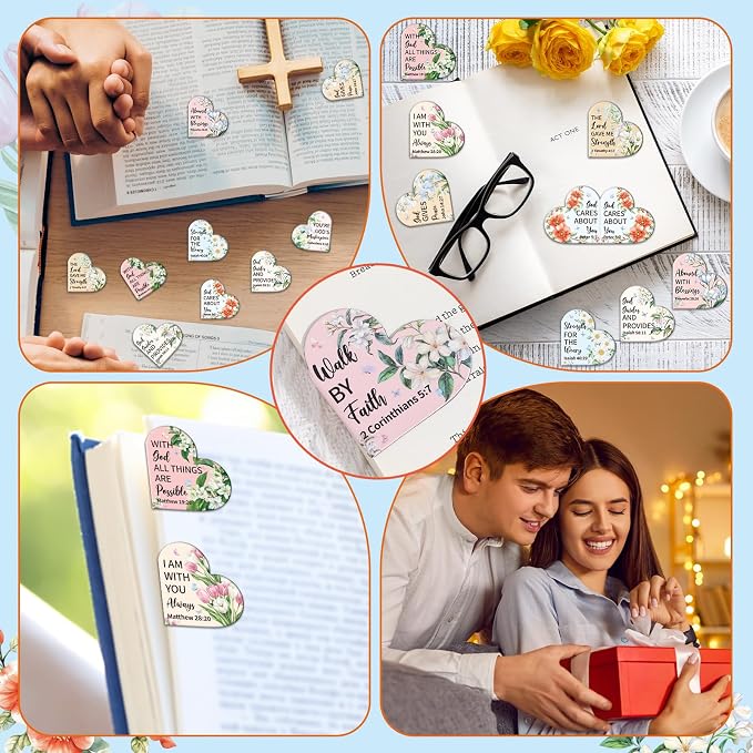Bible Christian Magnetic Bookmark for Women - Wxiben 30 Pcs Religious Floral Heart Bookmarks Inspirational Flower Book Marks Page Magnets Marker Clip for Women Church Book Lovers Student Teacher Gift