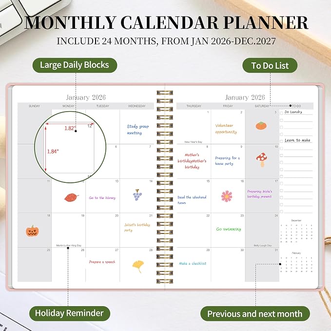 2026-2027 Monthly Planner - Jan.2026 - Dec. 2027, 2 Year Calendar 2026-2027 Monthly Planner, 7.5" x 10", 24 Months Calendar with Note Pages, Twin-wire Binding, for Office, School Home Planning - Pink