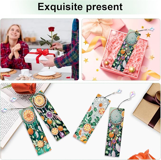 4 Pcs Diamond Painting Bookmarks, DIY Orange and Dreamcatcher Diamond Art Bookmark Kits for Adults, Rhinestone Drill Fruit Bookmarks with Tassels for Beginners