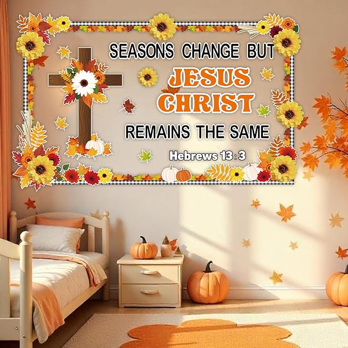Yiaoyinnz Fall Christian Jesus Classroom Bulletin Board Decorations 3D Sunflower Religious God Bulletin for Fall Autumn Leaves Thanksgiving Harvest Student Teacher Wall Chalkboard Decor Supplies