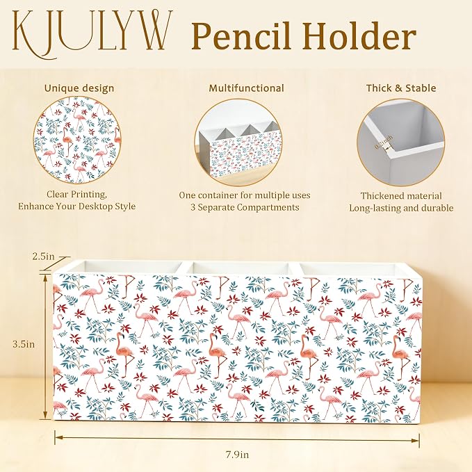 Pink Flamingo Pen Holder for Desk, Flamingo Gifts for Women, Tropical Leaf Flamingos Wooden Box Pencil Pen Holder Organizer for Home Office Desk Accessories