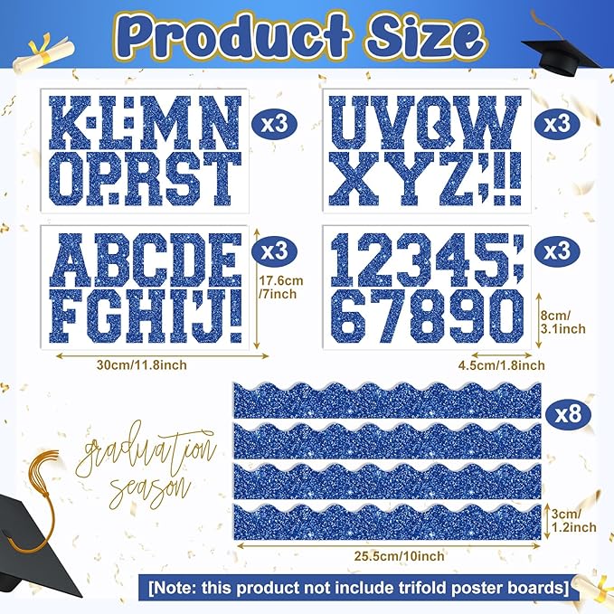 Blue 175 Pcs Graduation Photo Display Board Sticker Glitter Border Trim Alphabet Letter Number for 2026 Grad Party Trifold Poster Photo Display Science Fairs Event Displays Bulletin Board