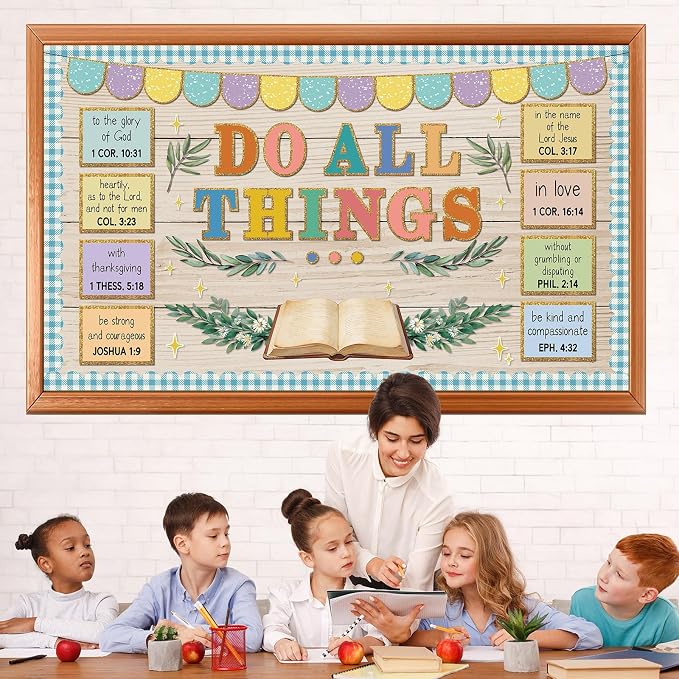 Christian Bulletin Board Set Jesus Do All Thing Classroom Decoration Religious Bible Verse Bulletin Board Church Motivational Paper Cutouts for Vacation Bible School Classroom Chalkboard Wall Decor