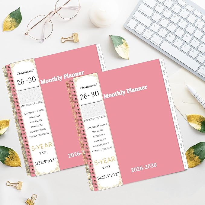 2026-2030 Monthly Planner 5 Year Monthly Planner/Calendar 2026-2030, Jan 2026 – Dec 2030, 9" x 11", Tabs, Double-Side Pocket, Holidays, Thick Paper - Pink