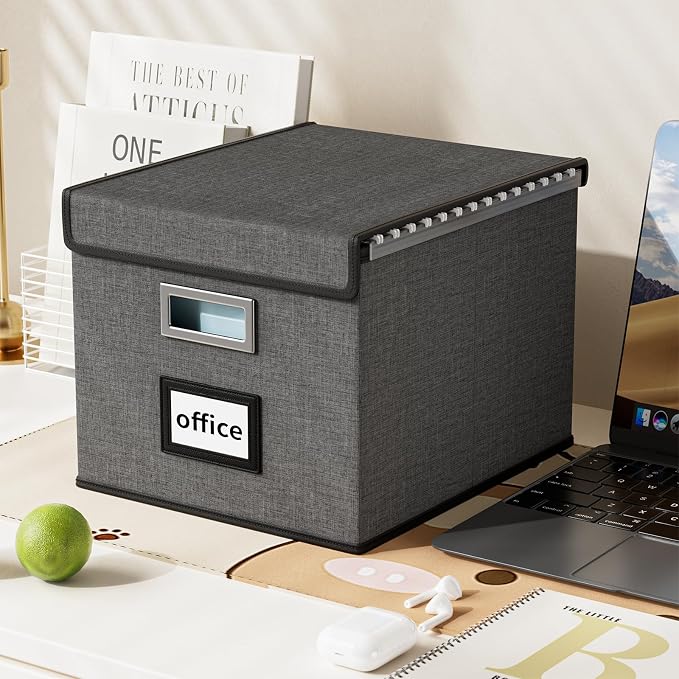 File Organizer Boxes with Lids, Linen Office Document Storage Boxes, Filing Boxes, Decorative Small File Boxes for Hanging Files with Plastic Slide for Office/Cabinet/Decor/Home